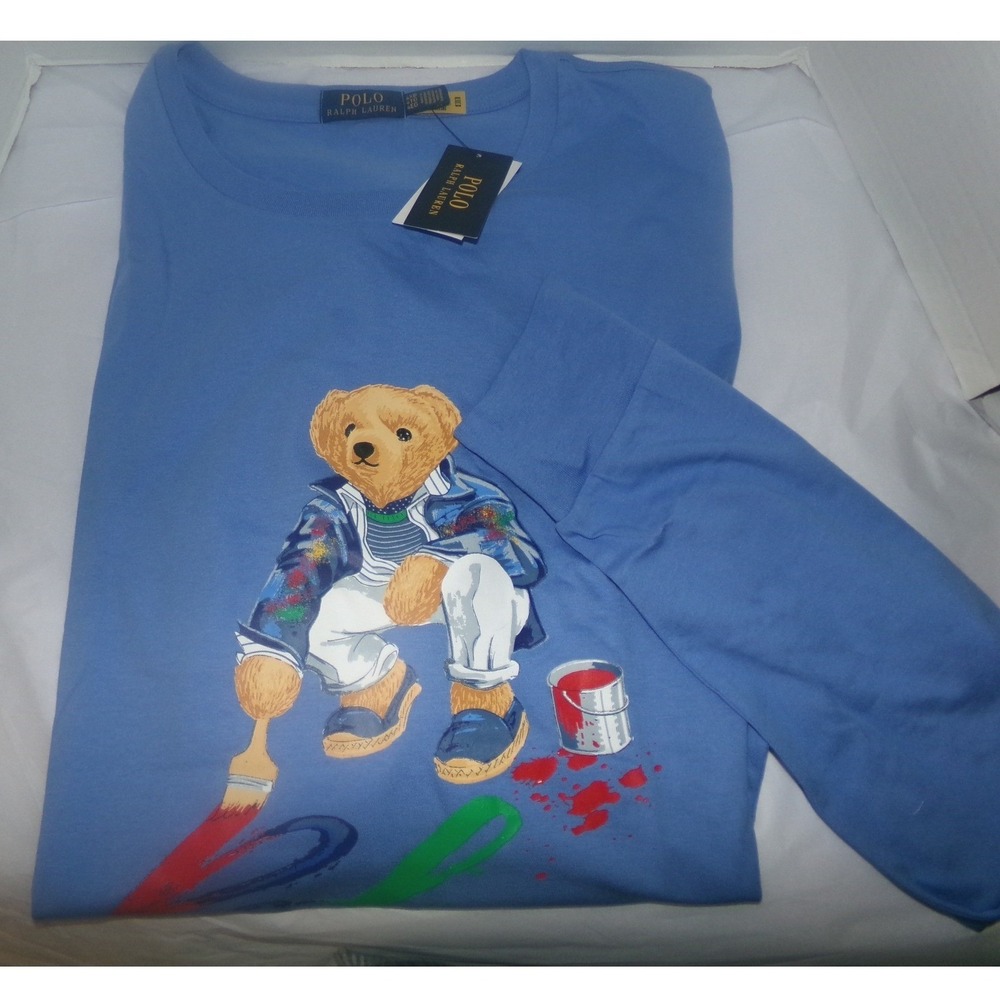 Polo Ralph Lauren Mens XXL Painter Polo Bear Blue Long Sleeve T-Shirt NWT